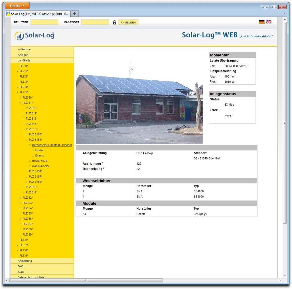 Solar-Log WEB benutzen Die Detailübersicht zeigt Ihnen weitere technische Details der Anlage sowie den Anlagenstatus einschließlich der eventuell aufgetretenen