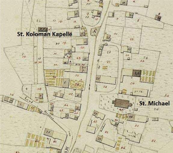 2 Auf dem folgenden Ausschnitt aus einer Karte von Perlach aus dem Jahr 1809 ist der Standort der St. Koloman Kapelle richtig, nämlich nordwestlich unweit von der Pfarrkirche eingezeichnet, d. h.
