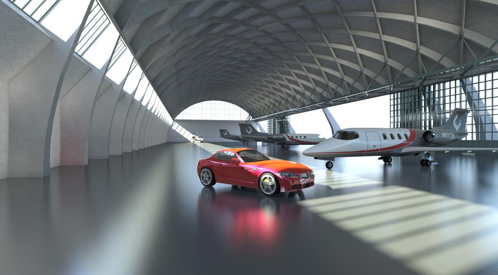 ARCHITEKTUR \\ AUTOMOTIVE HNGR PROJEKT: Visualisierung eines Hangars mit Fahrzeug und