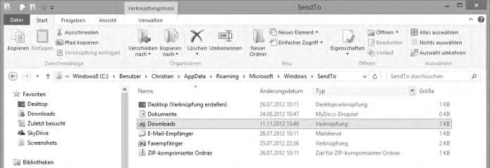 2.6 Anpassungen am Explorer über das Menüband 65 Das Senden an-menü besteht aus Verknüpfungen, die alle im Verzeichnis C:\Users\<Benutzername>\AppData\Roaming\Microsoft\Windows\SendTo liegen.