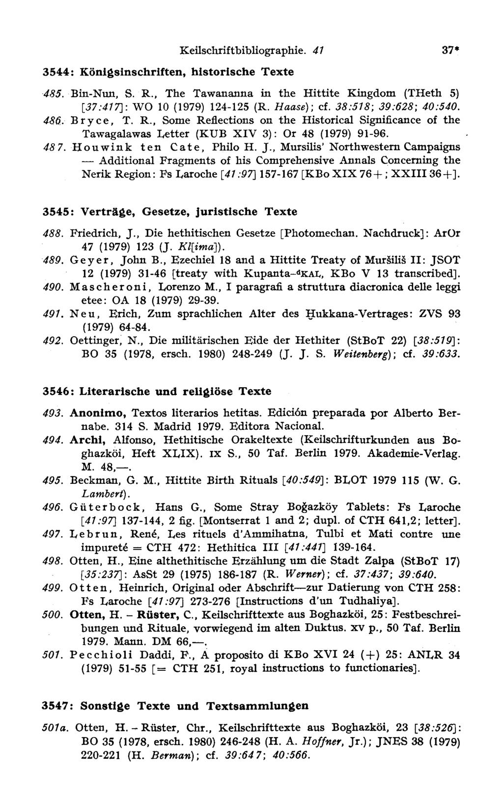 Keilschriftbibliographie. 41 3544: Königsinschriften, historische Texte 37* 485. Bin-Nun, S. R., The Tawananna in the Hittite Kingdom (THeth 5) [37:417]: WO 10 (1979) 124-125 (R., ( Haase cf.