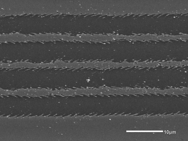 Abb. 6: REM-Bilder von Linienabträgen; links Linienabstand 7 µm, Pulsenergie140 nj, geometrischer Pulsabstand 1,75 µm, erzielte Stegbreite ca.