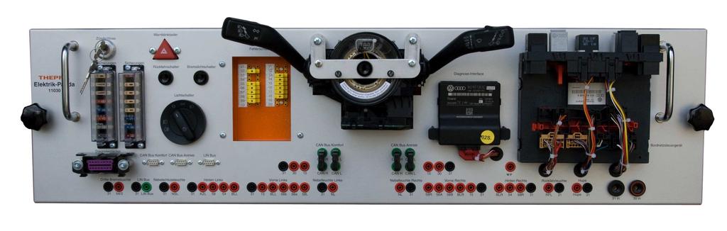 Platte - Armaturen mit Can Bus Nr. 11012500 Steuerung und Fehlersimulation Beschreibung Die Systemplatte KFZ-Armaturen mit CAN BUS ist mit originalen aus dem KFZ bestückt.