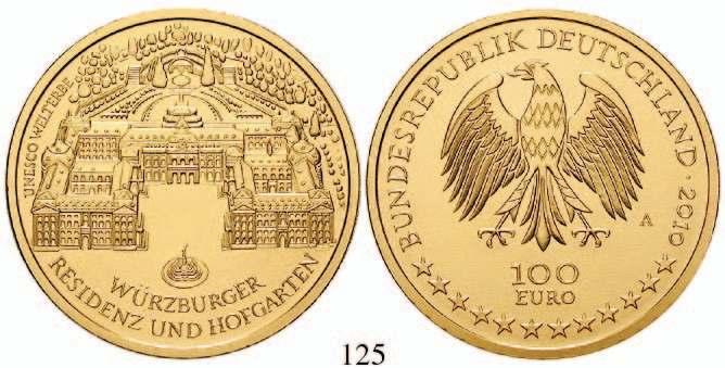 Komplettsatz von 5 Stück. Gold. 77,75 g fein. J.538. Tagespreis, st 3.350,- 131 20 Euro 2010, nach unserer Wahl, D-J.