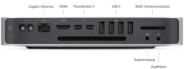 Zwei Thunderbolt 2 Anschlüsse (bis zu 20 Gbit/s) Vier USB 3 Anschlüsse (bis zu 5 Gbit/s) HDMI Anschluss SDXC Kartensteckplatz Gigabit Ethernetanschluss Audioeingang Kopfhöreranschluss IR-Empfänger