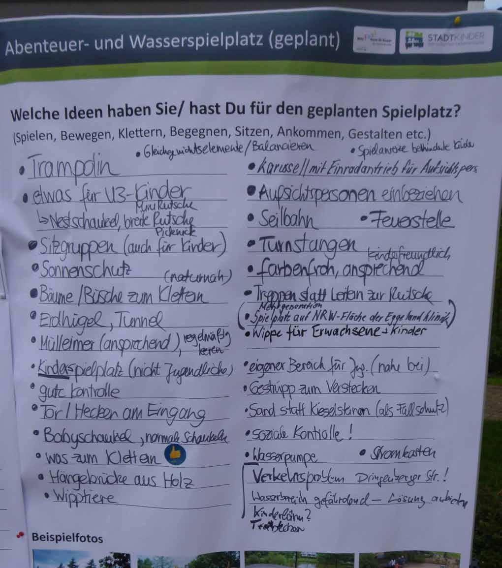 Ideenwerkstatt - Spielplatz an der Mühlenpforte 29 Ergebnisse der Beteiligungsaktion beim Tag der Städtebauförderung Angebote für verschiedene Altersgruppen Teilweise wurde in den Vorplanungen und