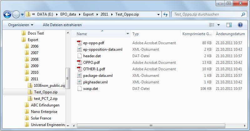 Im Beispiel unten sind außerdem DAT-Dateien vorhanden, die durch den Vorgang des Packens und Unterzeichnens erzeugt wurden. Abbildung 128: Inhalt der exportierten ZIP-Datei 5.4.
