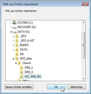 5 Anmeldungen bearbeiten 5.5.2 Import von Daten als XML aus einem Ordner Klicken Sie im Menü (Datei-Manager oder Formblatt) auf Datei > Importieren > Als XML aus Ordner importieren.
