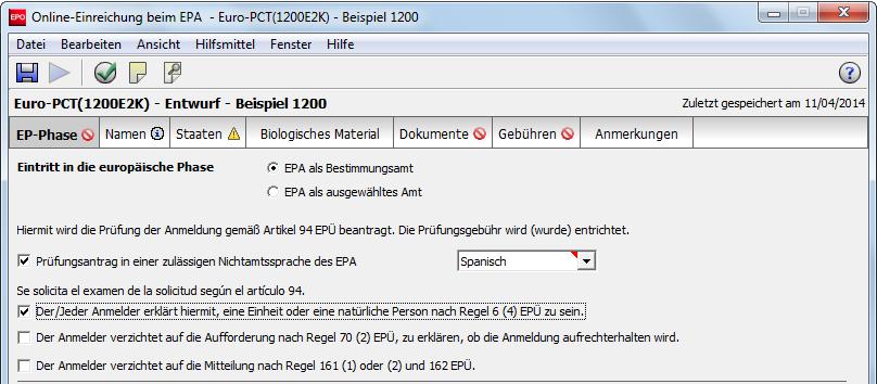 7 Euro-PCT(1200E2K) Abbildung 210: Angaben zum Eintritt in die europäische Phase 7.1.2 Vorgeschichte Wählen Sie die Sprache der internationalen Veröffentlichung aus der Liste.