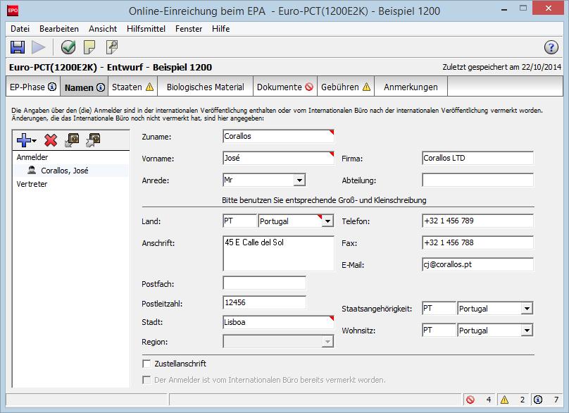 7 Euro-PCT(1200E2K) 7.2 Euro-PCT(1200E2K) Namen Auf der Registerkarte Namen des Formblatts Euro-PCT(1200E2K) können Sie Änderungen bezüglich des Anmelders und Vertreters eintragen.