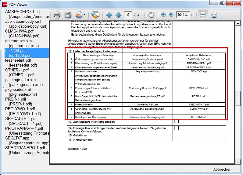 7 Euro-PCT(1200E2K) Abbildung 243: Anhänge im PDF-Viewer anzeigen Im Abschnitt 6 des PDF-Formulars finden Sie die Zahl der Ansprüche und die Angaben zu den im Verfahren vor dem