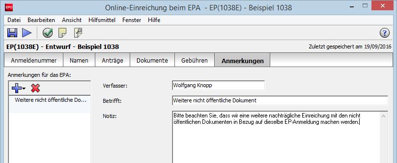 8 EP(1038E) Notizen für das EPA erstellen Klicken Sie auf das Symbol Hinzufügen und wählen Sie Neue Notiz. Geben Sie den gewünschten Text in die Felder Verfasser, Betrifft und Notiz ein.