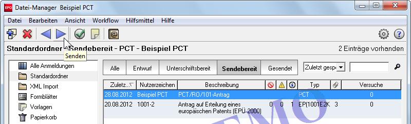 10 PCT/RO/101 Abbildung 442: Die Vertreterin unterzeichnet die Anmeldung mit ihrer Smartcard 10.12.2 Formblatt senden Im Datei-Manager ist die Datei nun im Status Sendebereit.