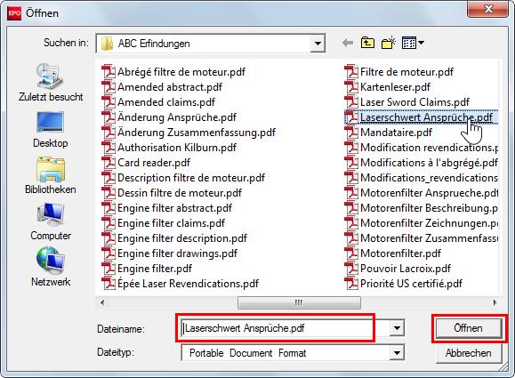 Abbildung 453: PDF-Datei zum Anhängen wählen Die Datei wird unter ihrem ursprünglichen Dateinamen an die Anmeldung angehängt.
