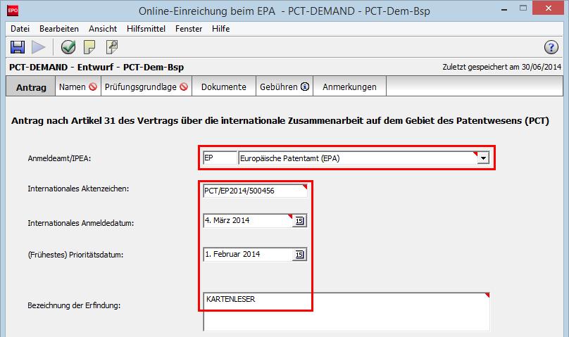 12 PCT-DEMAND (PCT/IPEA/401) Abbildung 476: Daten zu der PCT-Anmeldung eintragen, für welche die internationale vorläufige Prüfung beantragt wird 12.
