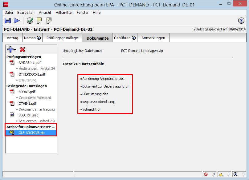 12 PCT-DEMAND (PCT/IPEA/401) Abbildung 498: ZIP-Archiv mit den unkonvertierten Dateien angehängt 12.4.5 Ansicht der angehängten Dokumente Sie können Ihre Anmeldung überprüfen und die angehängten Unterlagen in der Druckvorschau ansehen.