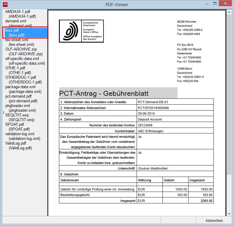 12 PCT-DEMAND (PCT/IPEA/401) Abbildung 502: Gebührenblatt im PDF-Viewer prüfen 12.