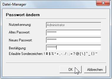 4 Datei-Manager Geben Sie Ihr neues Passwort ein. Geben Sie Ihr neues Passwort noch einmal zur Bestätigung ein. Klicken Sie auf OK.