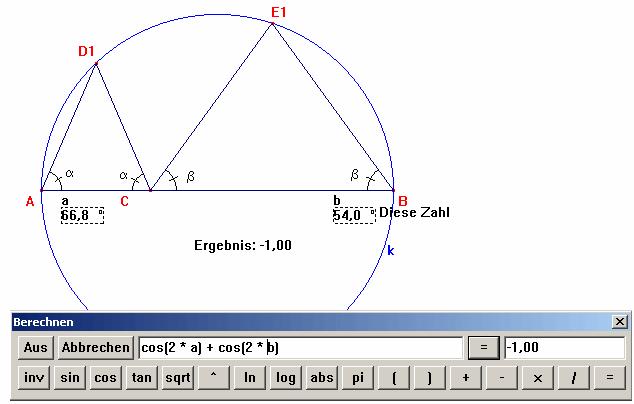 Berechnung Winkel = die beiden Winkel α und β werden numerisch ausgelesen Berechnung Berechnen = Wir wollen die Vorgabe (cos 2α + cos 2β = -1) überprüfen 5. Konstruktion Fall 4: AC bzw.