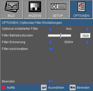 Bedienung OPTIONEN Optionale Filter Einstellungen Optionale Filter Einstellungen sind für dieses Modell nicht verfügbar.