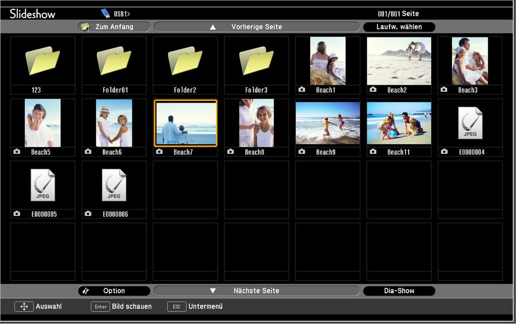 Projizierung von Bilddateien 52 Bilddateien einer Digitalkamera oder auf einem USB-Speichermedium gespeicherte Bilddateien können mittels der Funktion Dia-Show mit einer der folgenden zwei Methoden