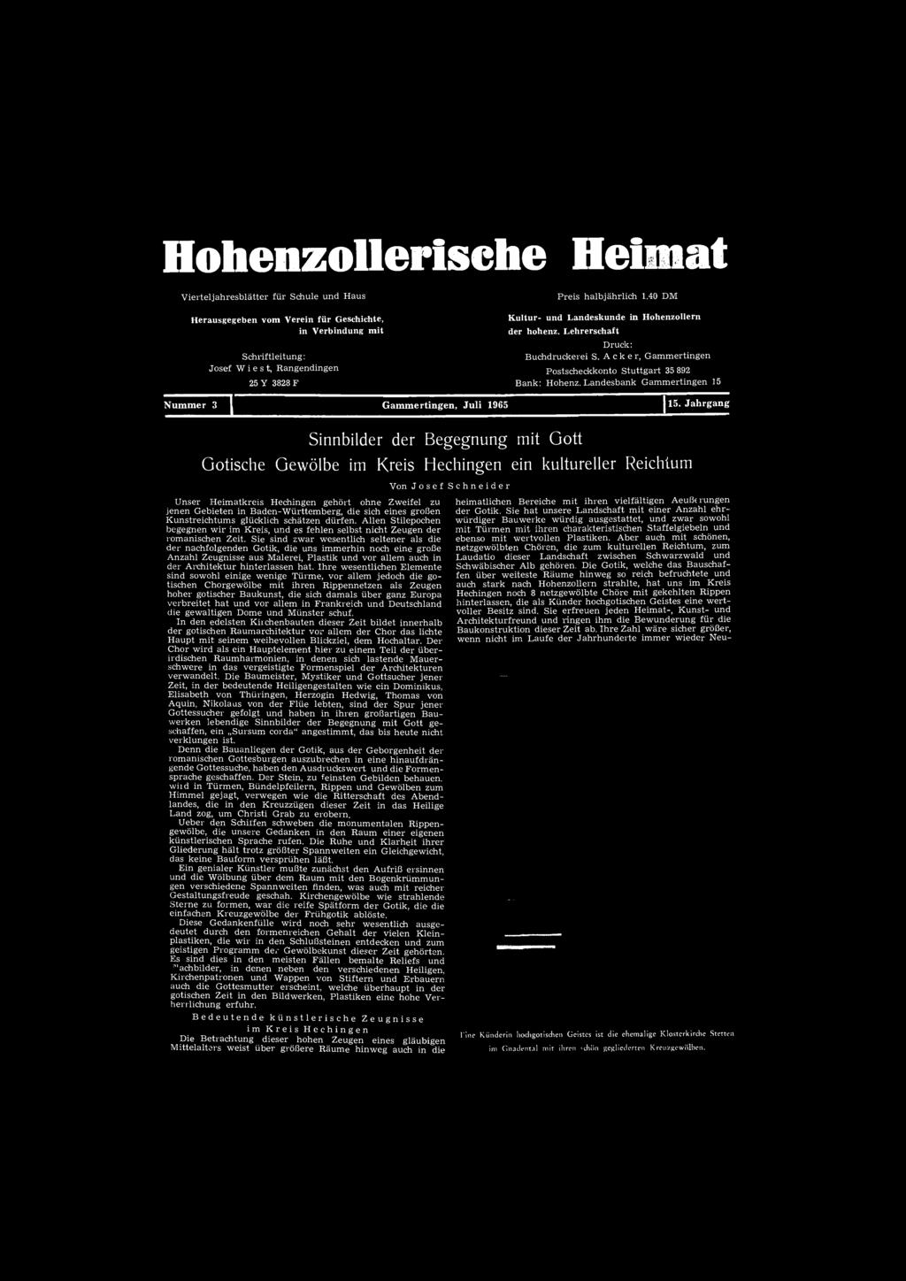 Hohenzollertsehe Heimat Vierteljahresblätter für Schule und Haus Preis halbjährlich 1.