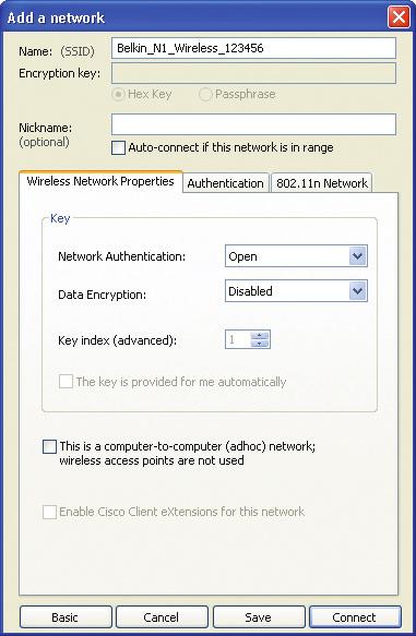 Verwenden des Dienstprogramms für kabellose Netzwerke von Belkin Hinweis: Wenn Sie ein Netzwerk auswählen, in dem eine Verschlüsselung verwendet wird, wird erst ein Basisfenster