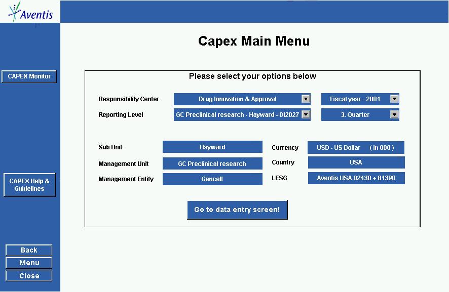 4.5 Aventis - Implementierung eines toolgestützten Capital Expenditure Prozesses 111 Abbildung 4-24: Hauptmenü des Capex Data Communication Tools Nach der Freigabe nimmt dann ein SAP Business