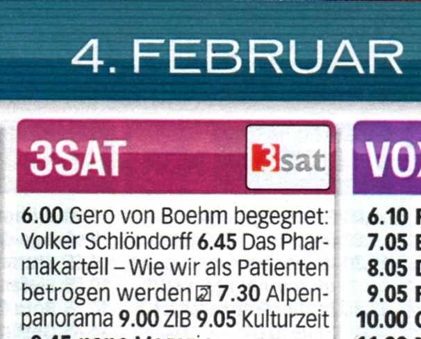 Im Februar 2009 sah ich dann zweimal in der Fernsehzeitung, dass der Bericht Das Pharmakartell auf 3SAT bzw. auf dem ZDF Infokanal erneut gesendet werden sollte.