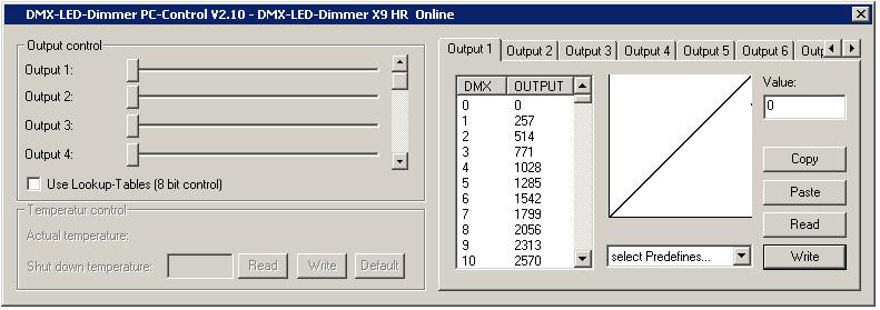 Konfiguration der LookUp-Tabellen DMX-LED-Dimmer X9 HR 7 Der DMX-LED-Dimmer X9 HR verfügt über eine LookUp-Tabelle je Ausgang. Der empfangene DMX-Kanal hat Werte von 0 bis 255.