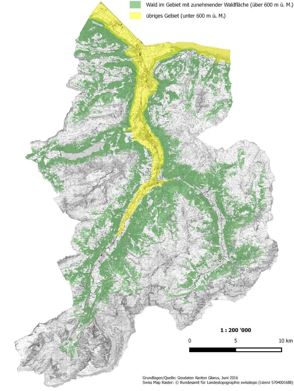 Gebiete mit zunehmender Waldfläche im Kanton Glarus Gemäss Art. 7 Abs. 2 WaG und Art. 8a WaV Karte: Gebiete mit zunehmender Waldfläche und übrige Gebiete gemäss Art. 7 WaG und Art. 8a WaV. In den Gebieten mit zunehmender Waldfläche ab 600 m ü.