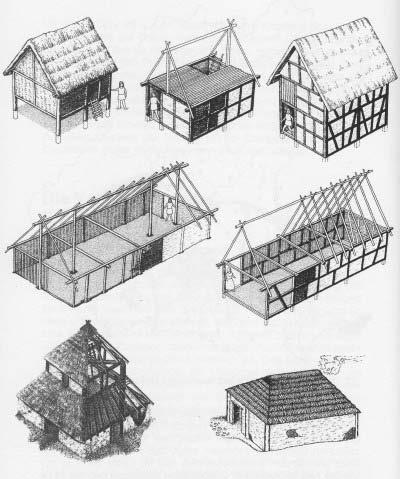 153 unten Zeichnerische Rekonstruktionen verschiedener latènezeitlicher Gebäudetypen Zusammengestellt aus: H.