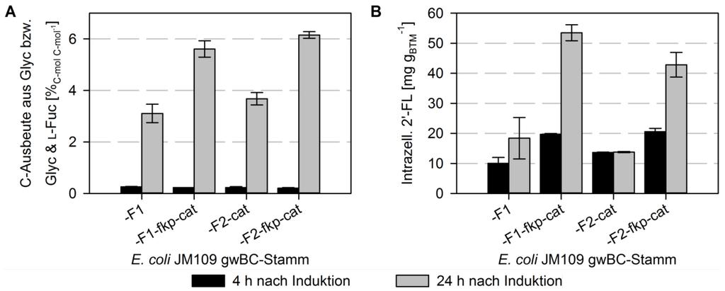 112 3. Ergebnisse Abbildung 3.6: Vergleich der Produktausbeuten und intrazellulären 2 -FL-Konzentrationen verschiedener Plasmid-freier Stämme mit und ohne fkp Expression.