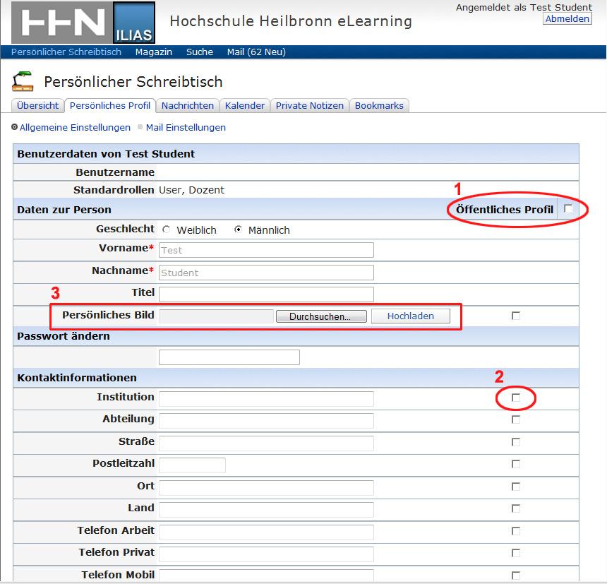 1.1 Persönliches Profil Im persönlichen Profil werden Angaben zu Ihrer Person und wenn Sie möchten auch ein Profilbild von Ihnen gespeichert.