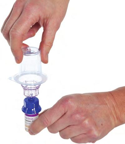 Drehen Sie das Transferset und die Wasser für Injektionszwecke enthaltende Lösungsmittel-Durchstechflasche über Kopf und führen Sie das Transferset mit dem transparenten Ende in die
