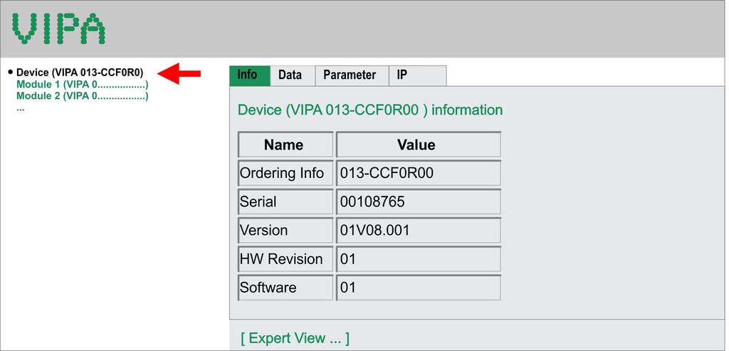 Einsatz CPU 013-CCF0R00 VIPA System SLIO Zugriff auf den Webserver > Webseite bei angewählter CPU 4.10.3 Webseite bei angewählter CPU Info - Overview Hier werden Bestell-Nr., Serien-Nr.