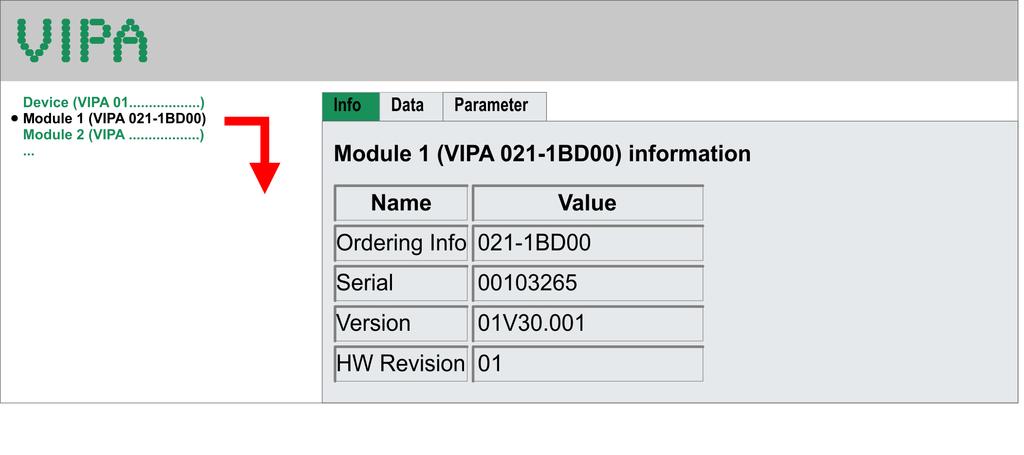 Einsatz CPU 013-CCF0R00 VIPA System SLIO Zugriff auf den Webserver > Webseite bei angewähltem Modul ARM Processor Load Measurement Cycle Time 10 ms Last Value 29% Maximum Load 32% Data Aktuell wird
