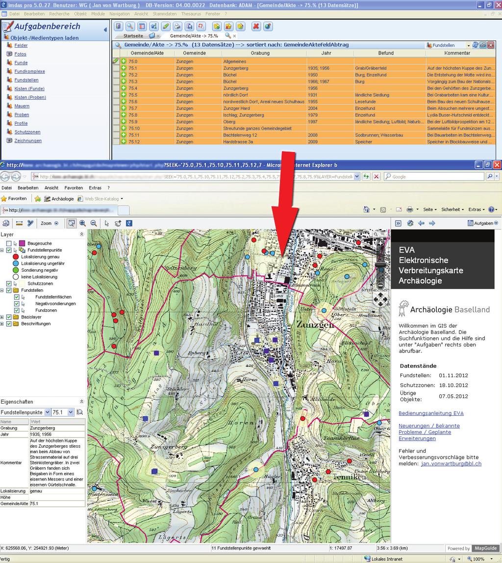 Abbildung 9: Suchresultate der archäologischen Datenbank ADAM (oben) lassen sich per Knopfdruck in der EVA anzeigen (Screenshot: ABL) Fazit und Ausblick Die Software AutoCAD Map 3D erlaubt es, die