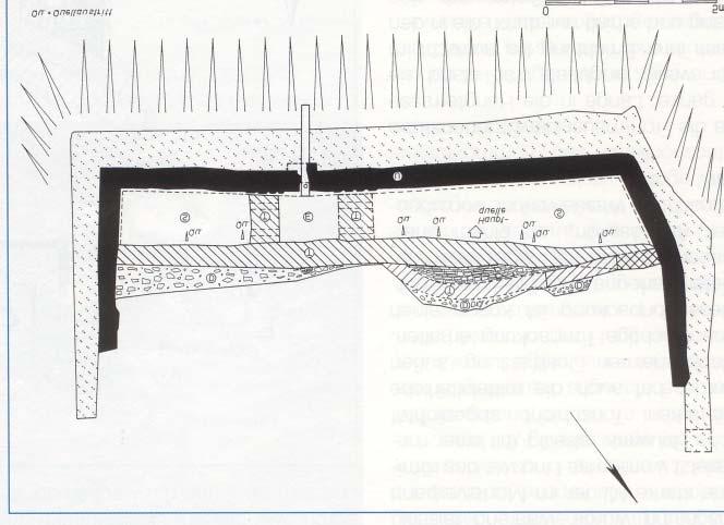 Abb. 5: Die Brunnenstube im Grabungsbefund: Eine U-förmige Frontmauer (U) umschloss den Quellhorizont und bildete zusammen mit der parallel geführten Trockenmauer (7) die Quellfassung.