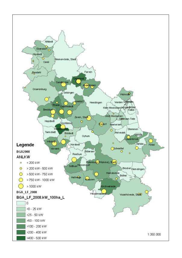 Kartenanlage 9: Standorte, Größe in kw und Dichte in kwh je 100 ha LF der Biogasanlagen im Landkreis