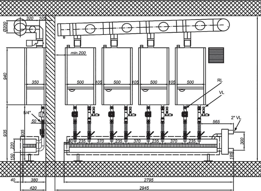 Kaskade 4x Cerapur Maxx ZBR 65, Anschluss rechts 5050.6 Planungsunterlagen Wärmeerzeugung Rubrik 4 Blatt 4.7f September 09 min. Raumhöhe 00mm Im Lieferumfang enthalten Verteiler inkl.