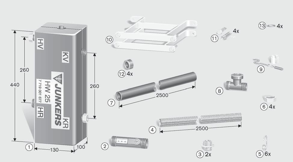 Rubrik 4 Blatt 4.12b Hydraulische Weiche HW / HW 50 HW für Junkers Brennwertgeräte und konventionelle Geräte bis 45kW Nennwärmeleistung (ΔT = 20K im Sek.