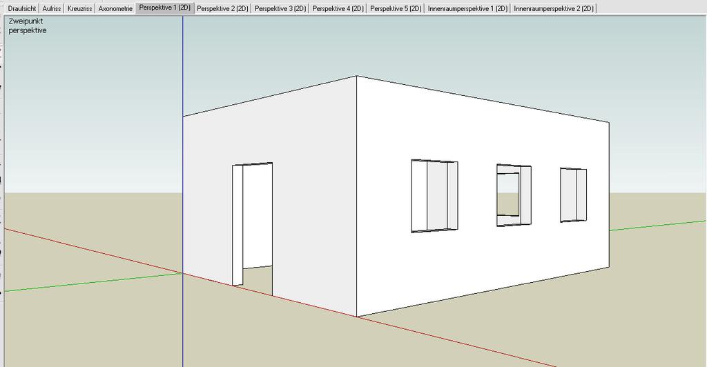 Beispiel aus Kurs Darstellende Geometrie II SS 2009: Gebäude in verschiedenen Ansichten, Axonometrien, Außen-