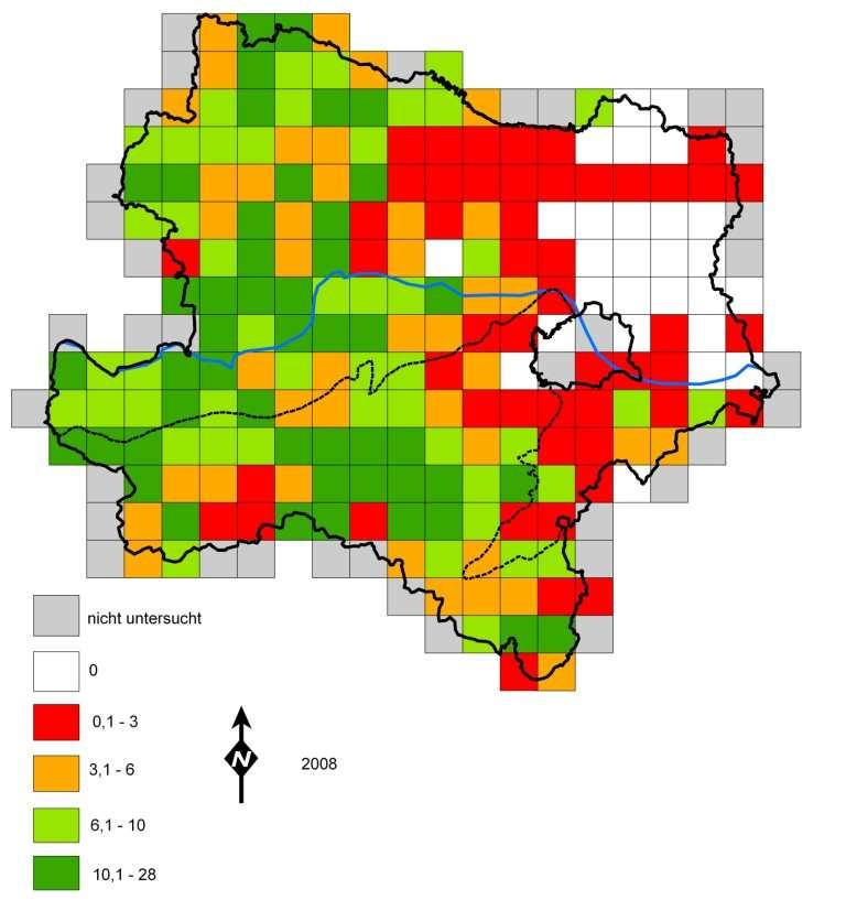 Verbreitung Die Kartierung vom Herbst 2008 zeigt ein geschlossenes Vorkommen im Nordwesten und Süden des Landes (Waldviertel, Mostviertel und Industrieviertel) mit durchwegs variablen Nachweisdichten.