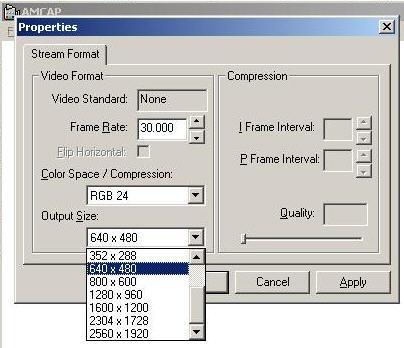 c) Video Capture Pin Sie können hier folgende drei Einstellungen treffen, Video Format (Einstellungen der Framerate), Color Space (Farbbereich) und Output Size (Ausgabegröße).