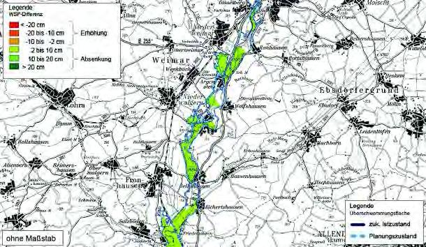 Planungsvarianten Abb. 7-66: Überflutungsflächen und flächige Darstellung der Differenz des Wasserspiegels für das Hochwasser 1984: zuk.