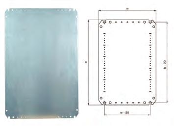 Wandschränke Zubehör AMP, Montageplatten AMI, Isolations-Montageplatte eschreibung: Standard Stahlblech Montageplatte für MultiMount-Gehäuse.