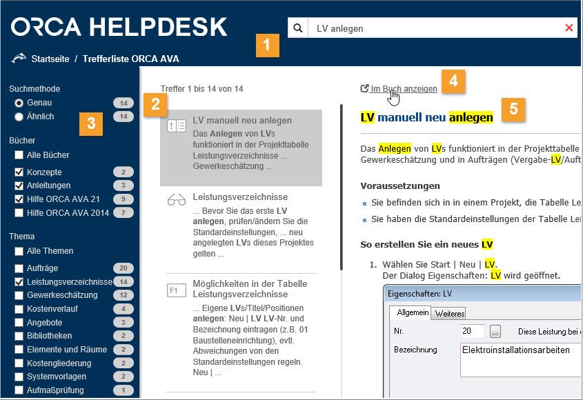 HELPDESK - Suche mit Trefferliste und Filtermöglichkeiten Den ORCA Helpdesk