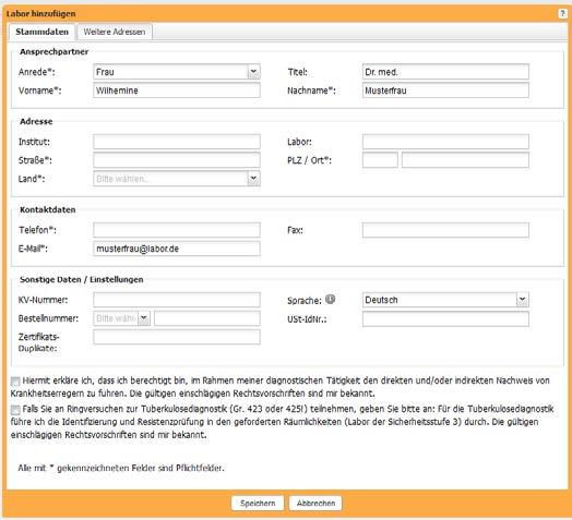 Bitte geben Sie in die folgende Maske die Stammdaten Ihres Labors (Institutes), sowie evtl.