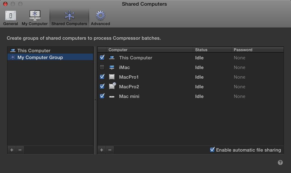 11 Verteilte Umcodierung Compressor 4.1 vereinfacht die verteilte Verarbeitung die Aufteilung von Umcodierungsarbeit auf mehrere Computer oder Computerprozessoren. Was bisher in Compressor 4.